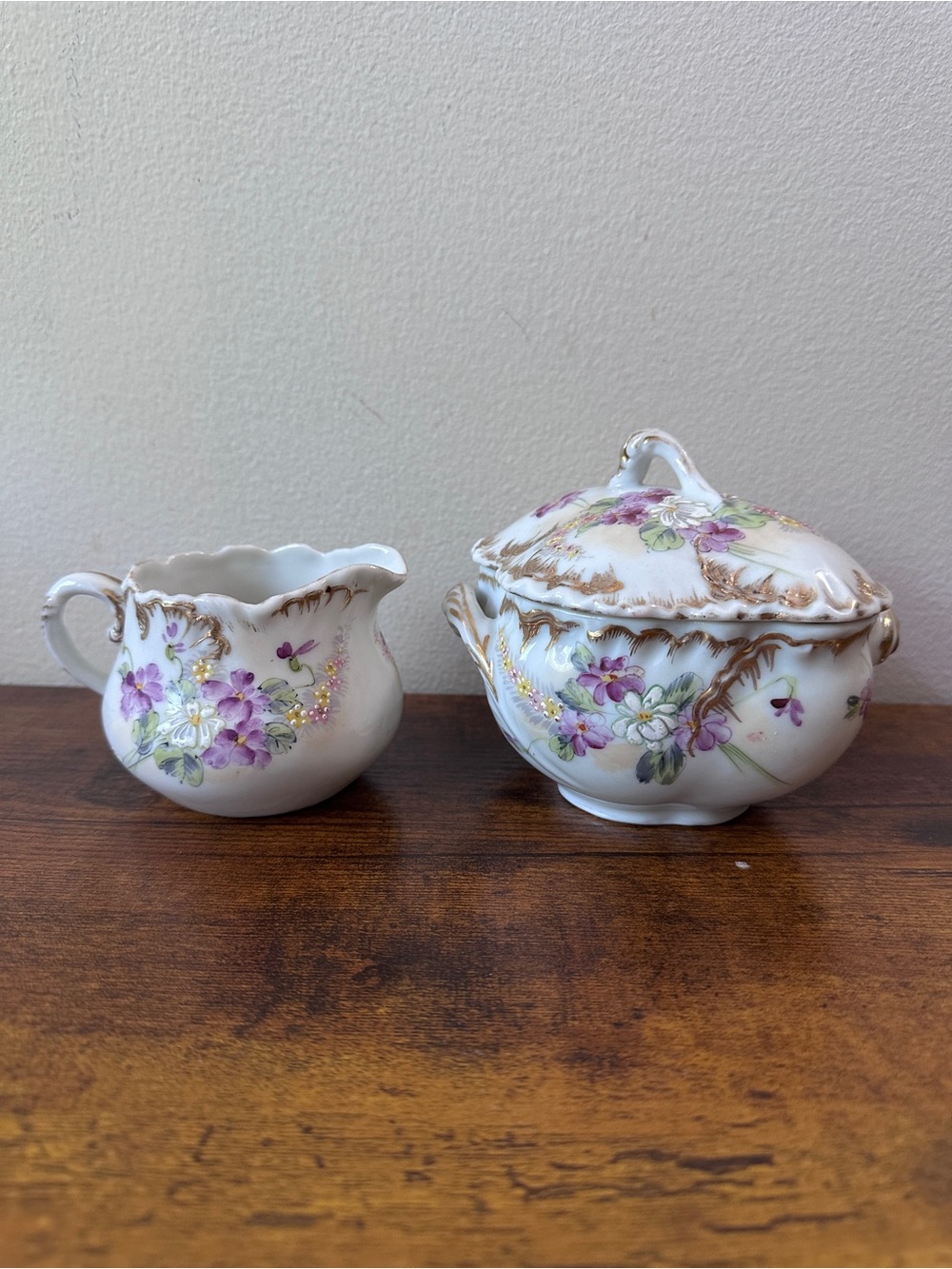 Antique Porcelain Creamer Sugar Bowl Set Hand Painted Violet Flower Gold Trim